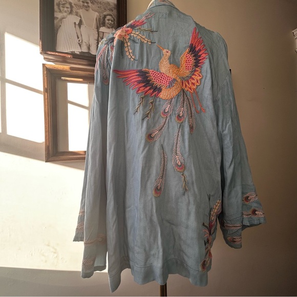 Johnny Was Workshop Embroidered Kimono Coat Medium Light Blue Pink Green - Picture 2 of 16